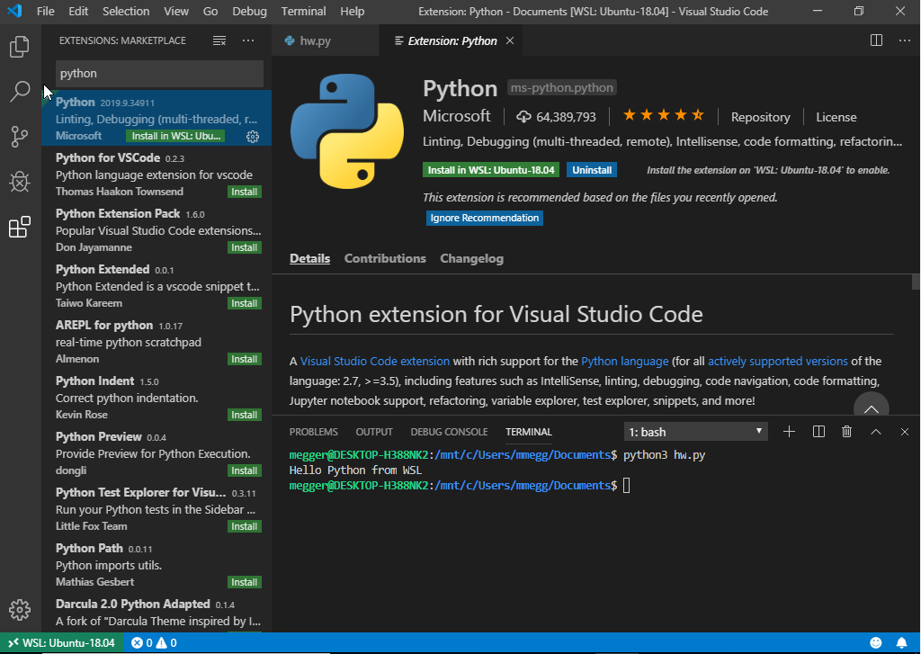 VSCode Python Install WSL