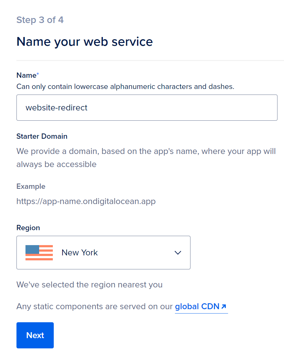 Step 3 Menu, name your service and select a region